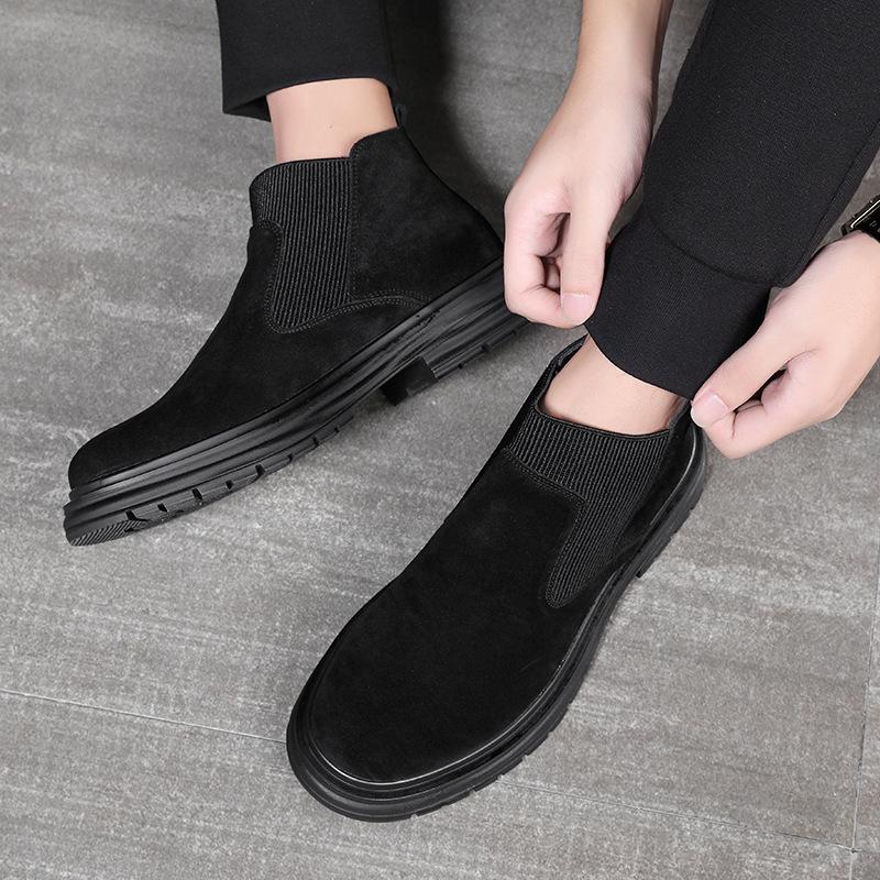 Fashion Men Casual Business Office Chelsea Boots Slip-on Cow Suede Leather Shoes Cowboy Autumn Winter Ankle Boot Cool Platform Botas Man