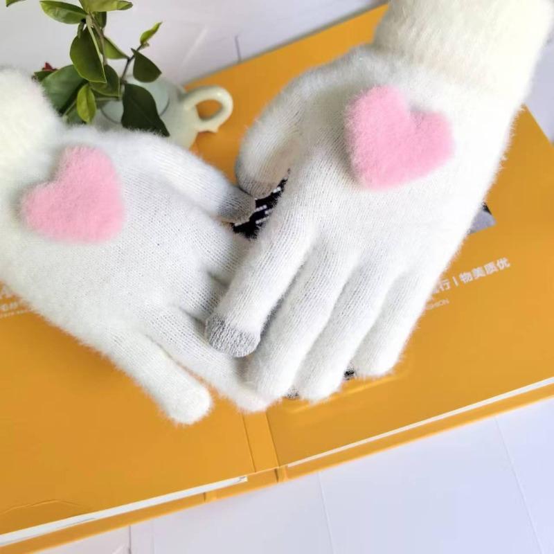 

Теплые перчатки женские пятипалые перчатки с полными пальцами персиковое сердце менг вязаные бархатные перчатки для старшеклассниц холодостойкие перчатки любовь руки белый