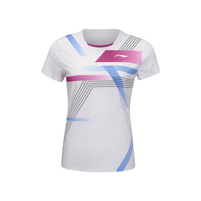 Li Ning Serie Badminton Colore a Blocchi a Strisce Asciugatura Rapida Taglio Dritto Maglietta a Maniche Corte Top da Donna Bianco AAYU138-2