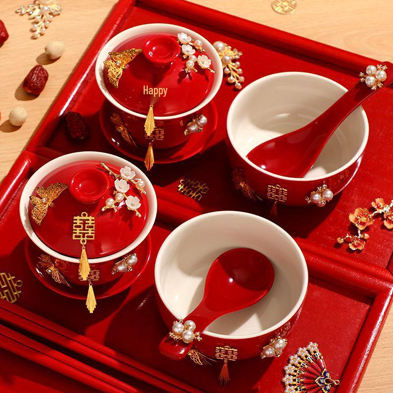 Double Happiness Butterfly Love Teacup Set: Wedding Bowls, Red Tea Set, Chopstick Pair, Dowry Gift