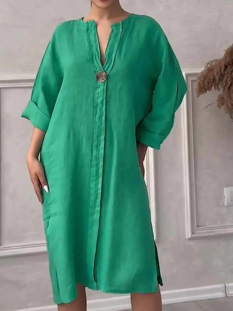 Women's New Cotton Linen Solid Color Casual Round Neck Button Long Dress