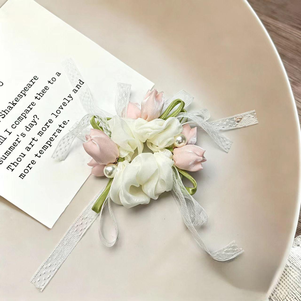 Fairy Tulip Lace Pearl Hair Tie - Floral Bun Accessory