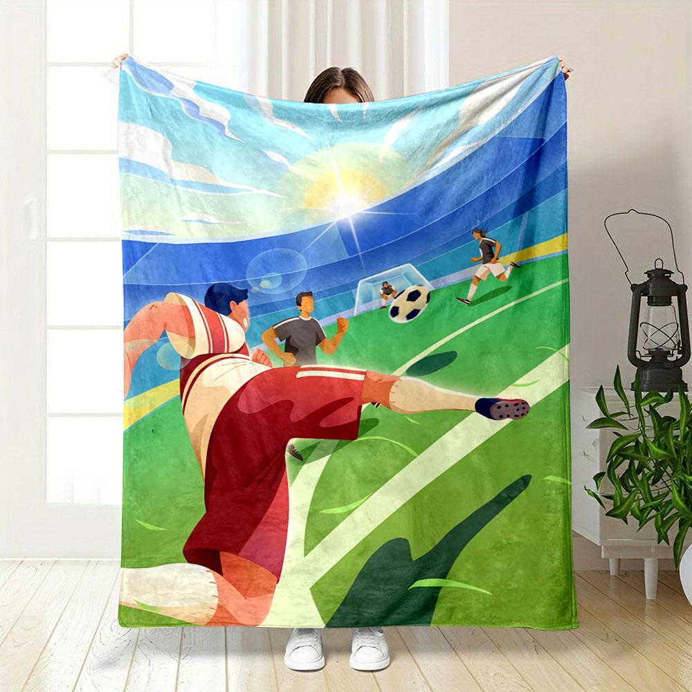 A soccer player kicking a ball in a stadium under a sunny sky. for all seasons blanket lunch break throw gift