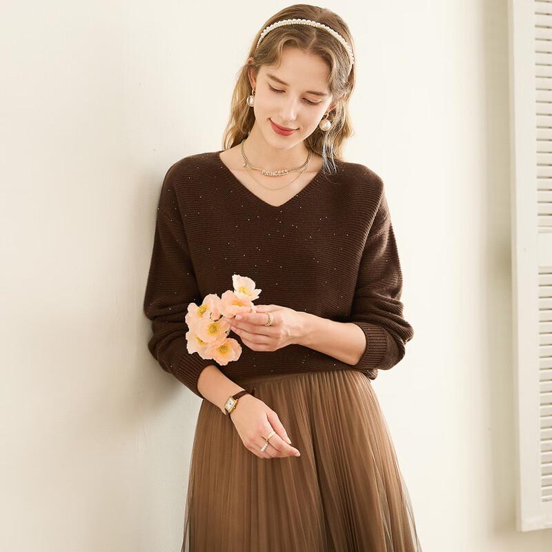 TUHUANG Women's Thick Wool Sequined V-Neck Sweater