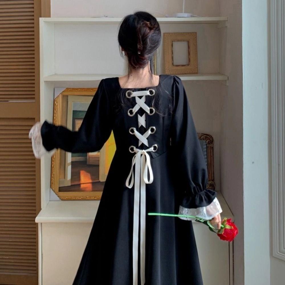Slim Fit Lace Princes Dress Pleated Puff Long Sleeved Dress Fashion Girls Long Dress  Ladies