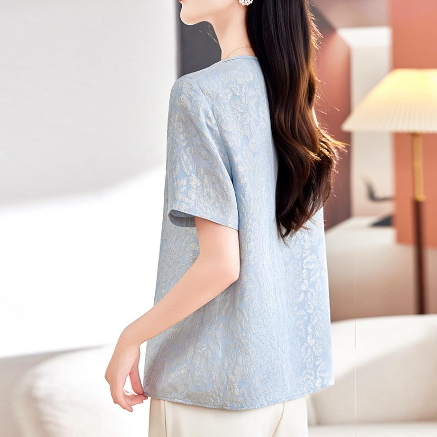 Temperament Silk Shirt Top Women's Short-sleeved  Jacquard Mulberry Silk T-shirt