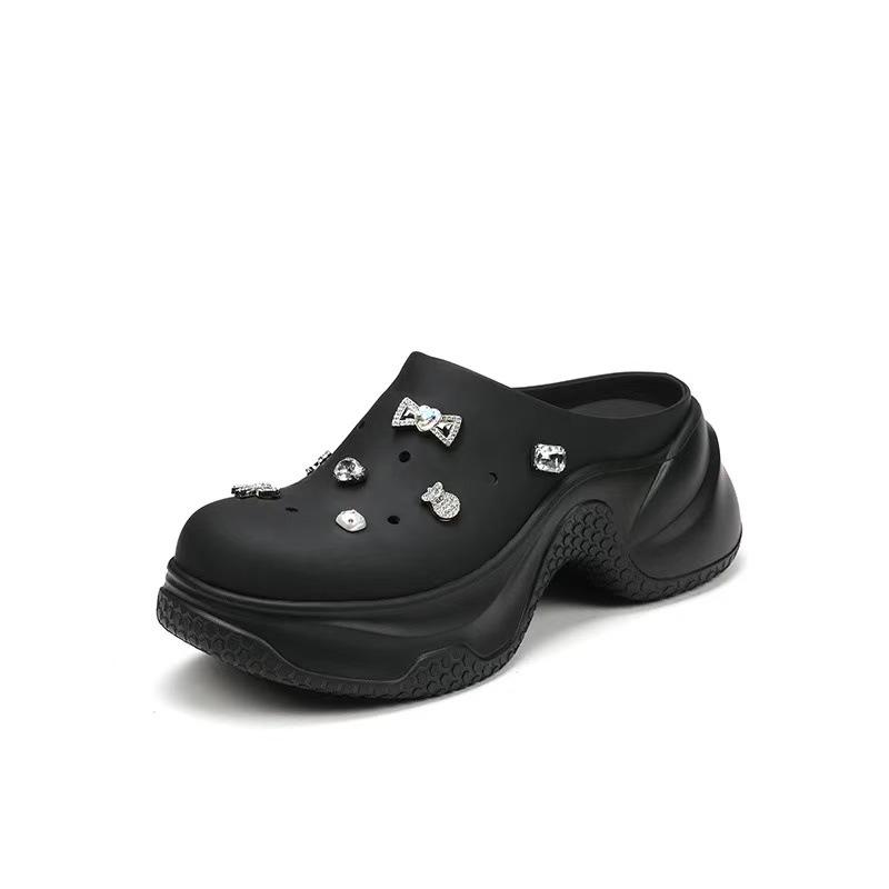 Height increase 7 full leather thick-bottomed bag head half slippers women's summer new versatile niche outer wear diamond sandals