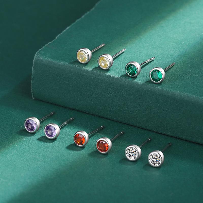 Classic Colored Round Full Diamond Stud Earring For WomenTopaz Ruby Amethyst Emerald Original Sterling Silver Gift Part Jewelry