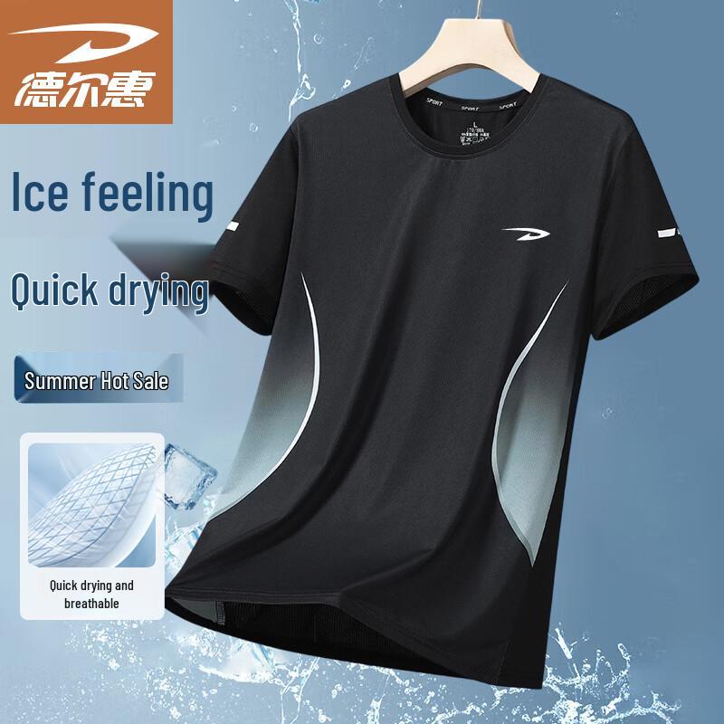 DELHUI Men s Summer Ice-Feel Quick-Dry Round Neck Short Sleeve T-Shirt L