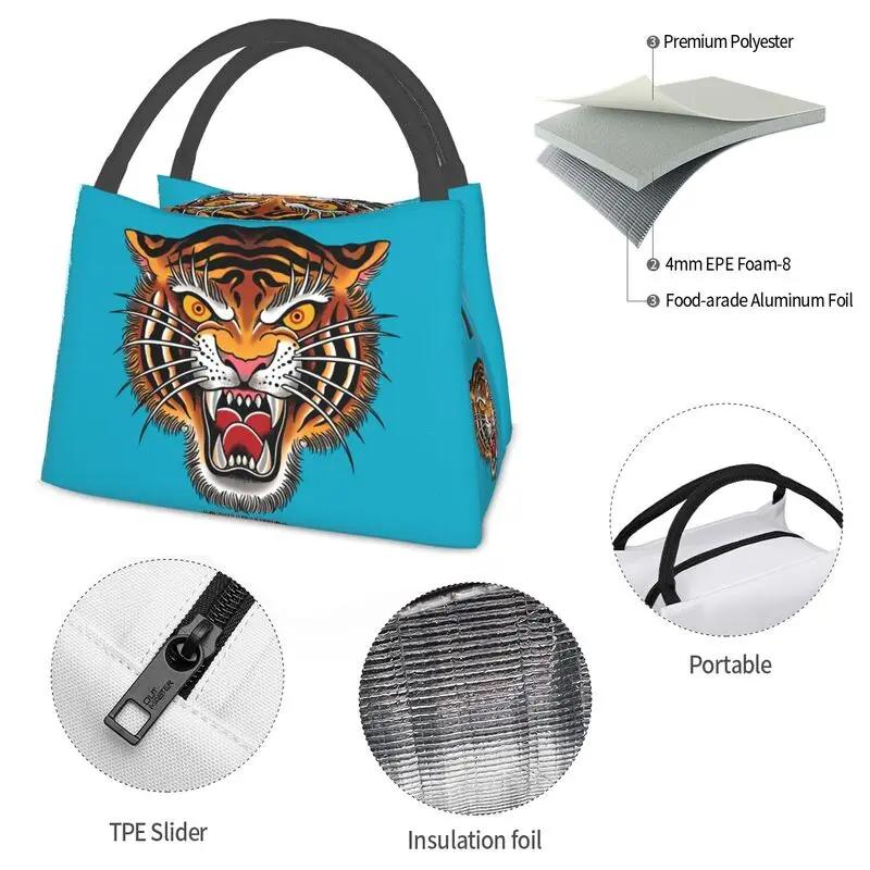 Custom Gothic Traditional Tattoo Tiger Head Lunch Bag Women Cooler Thermal Insulated Lunch Box for Work Pinic or Travel