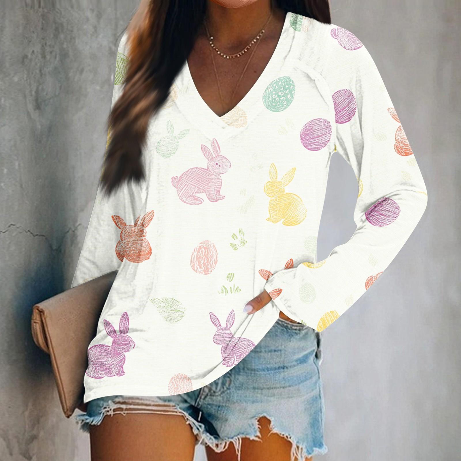 

Женская футболка с длинным рукавом и V-образным вырезом с пасхальным принтом Повседневный комфортный топ L белый