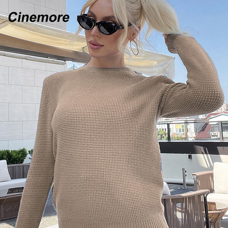 Cinemore Wiosna Jesień Damski Sweter Jednolity Oversize Casualowe Pulowery Ciepły Podstawowy Top z Długim Rękawem Okrągły Dekolt Dzianinowy Sweter Sweter