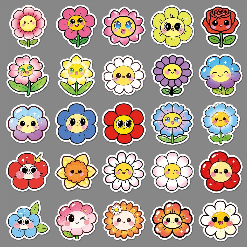 50 Colorful Smiling Face Flower Stickers: Cute Childlike Designs for Children's Rewards & Water Bottle Decoration - Waterproof & Hand-drawn.
