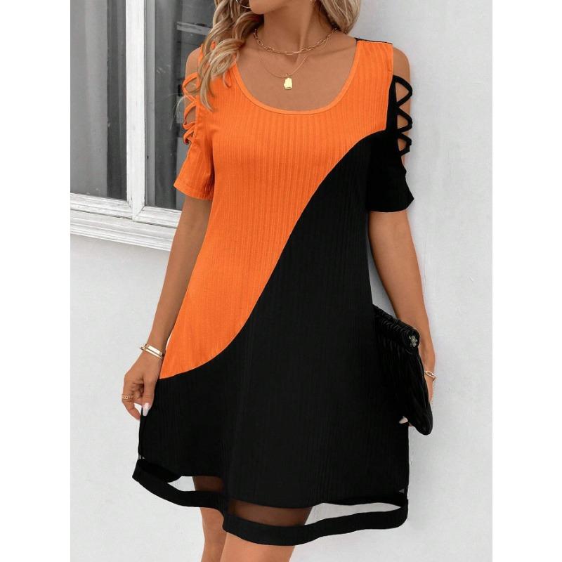YYFS Women's Fashion Summer Spring Colour Block Print Short Sleeve U-Neck Loose Waistline Casual Dresses