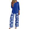 Women's Casual Loose Fit Two Piece Set Round Neck Three Quarter Sleeve Top and Wide Leg Printed Pants Lounge Outfit