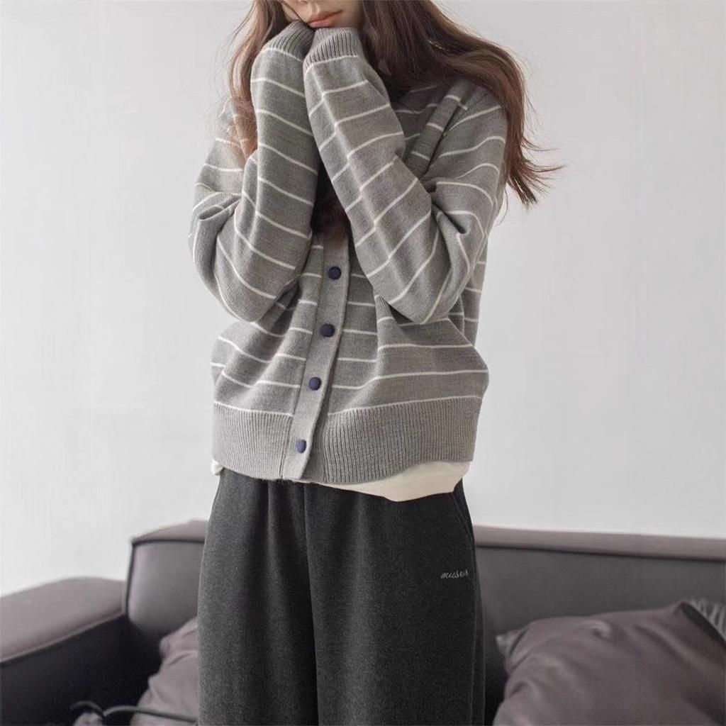 Cross-border New Striped Crew Neck Color-blocking Design Loose Long-sleeve Knit Jacket for Women, Simple Buttoned Sweater Jacket