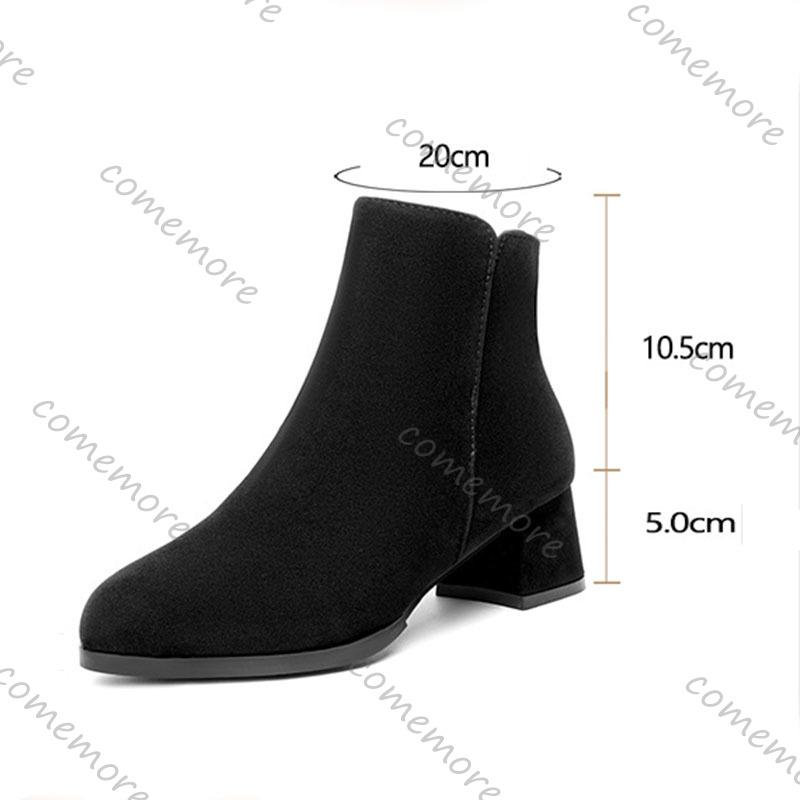 Comemore Autumn and Winter New Pointed Suede Side Zipper Ankle Boots for Women Casual Thick Middle Heel Female Botines