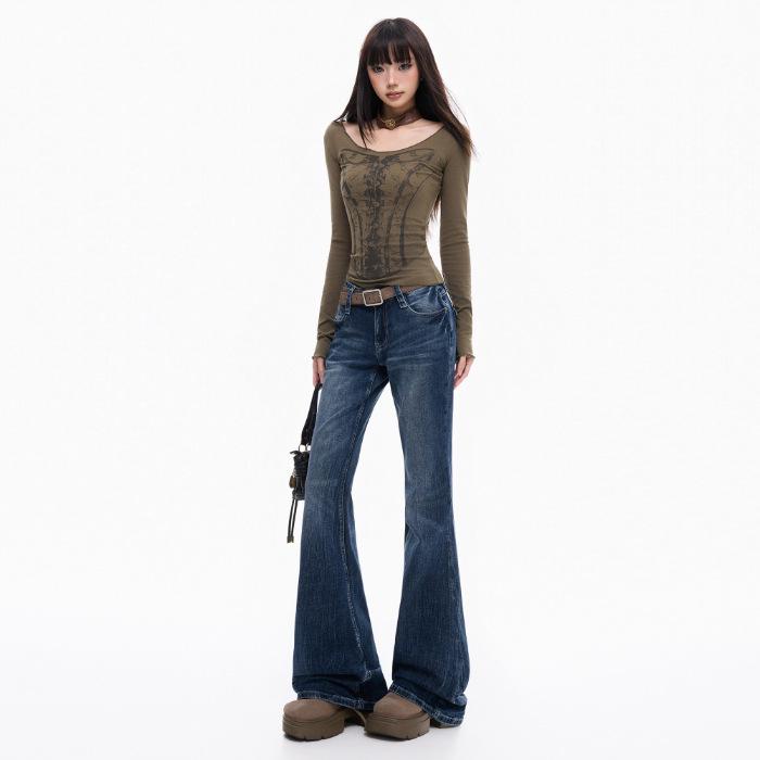 

Flared Denim Trousers for Girls: 2025 Autumn/Winter Slim Fit with Trendy American Floral Design L