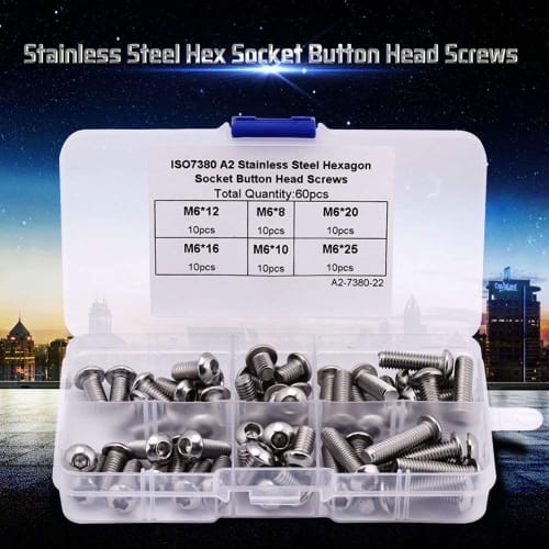 60-Piece M6 Stainless Steel Round Head Hex Socket Bolts with Plastic Case