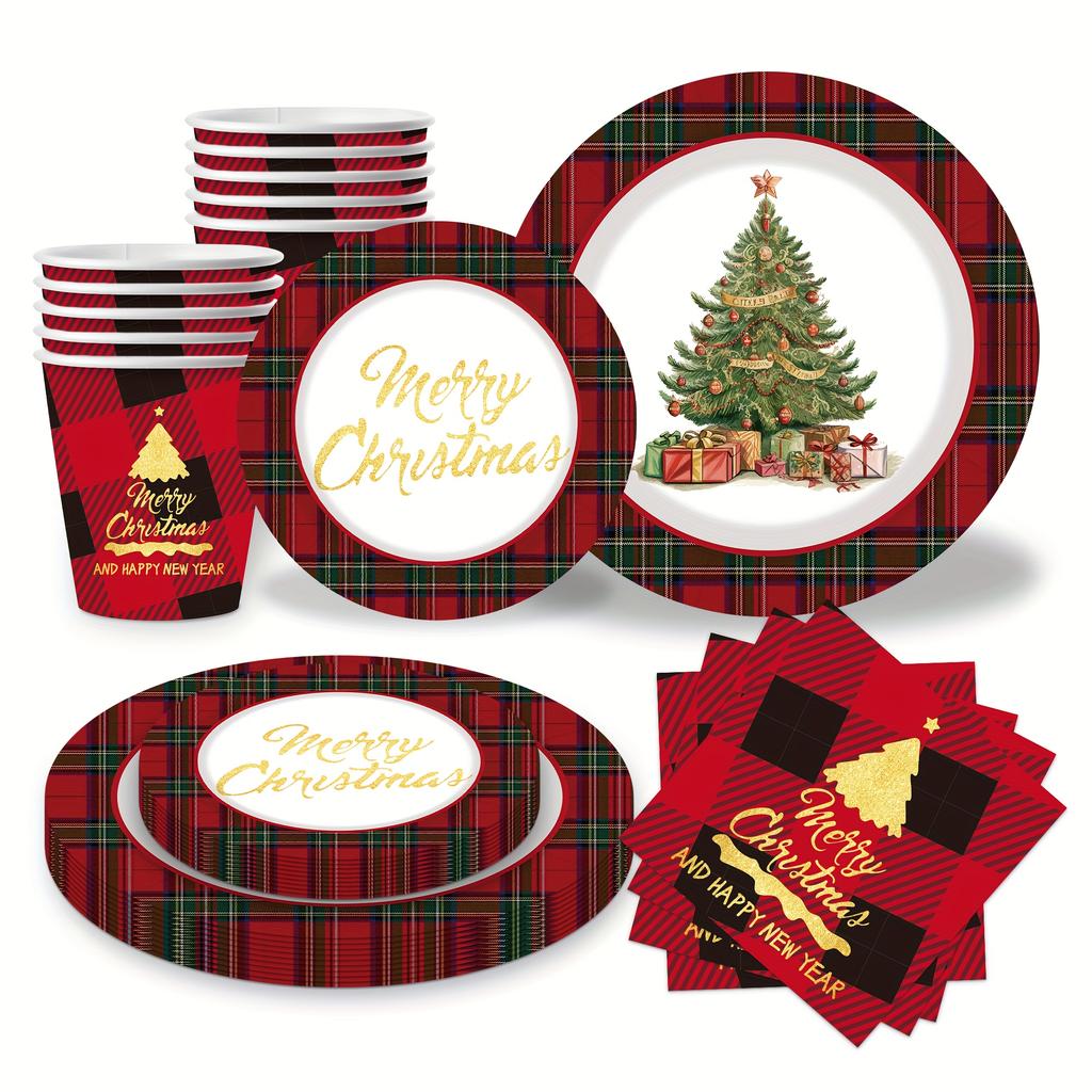 50pcs of Christmas-themed tableware, disposable paper plates, cups and napkins, hand-painted Christmas tree pattern tableware