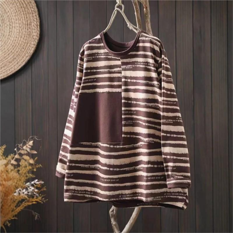 Johnature Kontrastní pruh Dlouhý rukáv Volné ležérní Dámské Zimní O-výstřih Módní Čínský styl Vintage Tričko