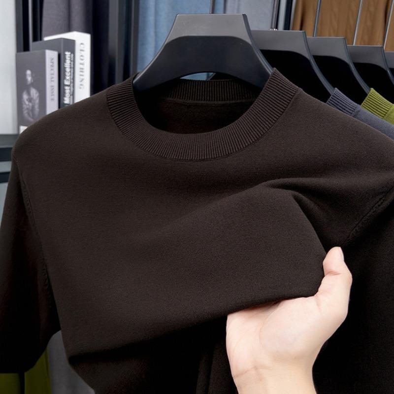 Men Solid Color Short Sleeve Crew Neck Fitted Casual Knit Bottoming Sweater