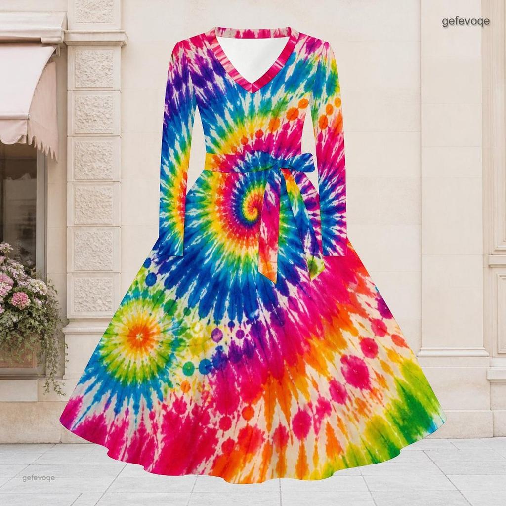 Women Plus Size V Neck Long Sleeve Rainbow Tie Dye Printed A Line Dress With Belt