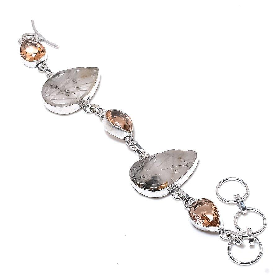 

Браслет из стерлингового серебра 925 пробы с натуральным черным рутилом и морганитом, 7–8 дюймов I2D79