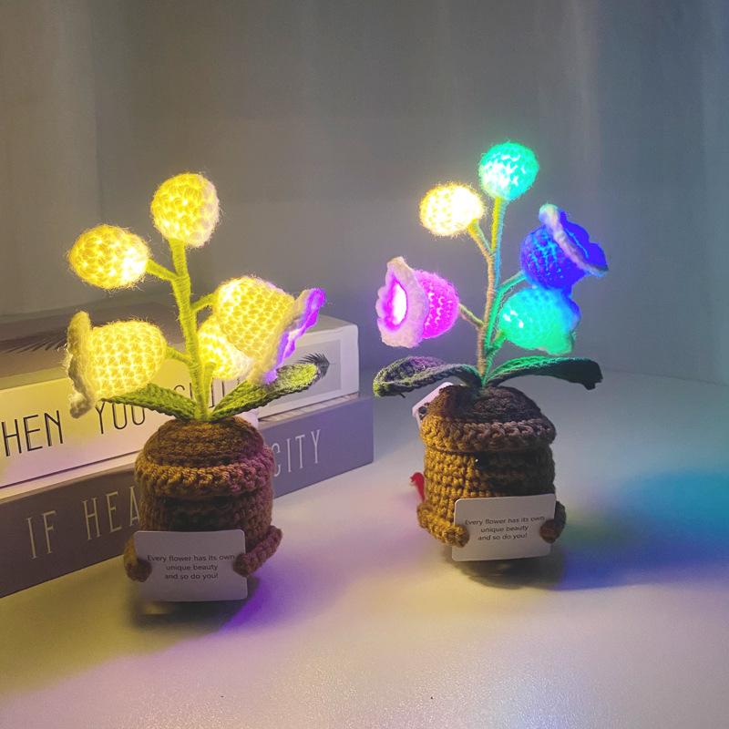 Hand-knitted Lily of the Valley Potted Plant With LED Night Light, Decorative Figurine, Handicraft, Home Decor, Gift