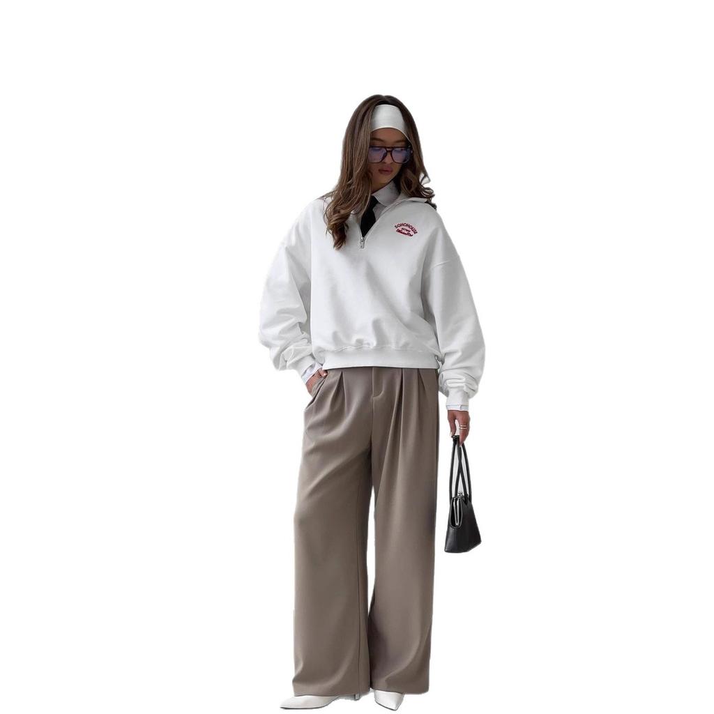 European and American basic semi-zipper pullover sweater women's 2025 new letter printing casual jacket