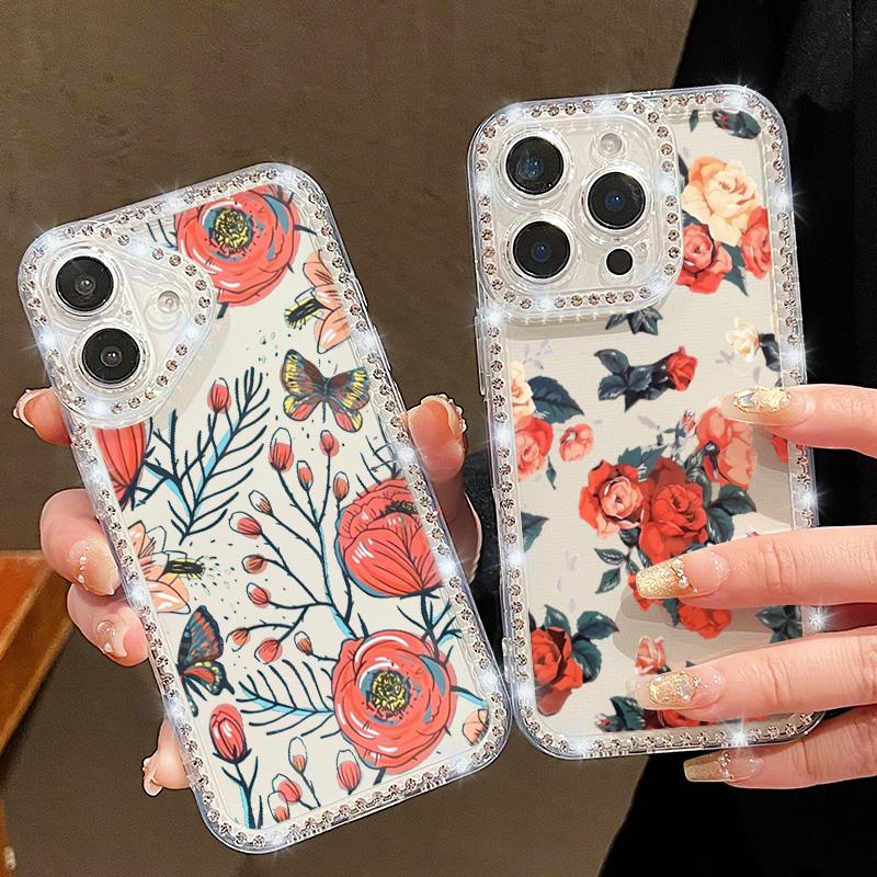 Diamond Frame Clear Anti-Fall Phone Case For iPhone 16E 16 Pro 15 Pro Max 14 13 12 11 Floral Print Soft Silicone Shockproof Bumper Cover
