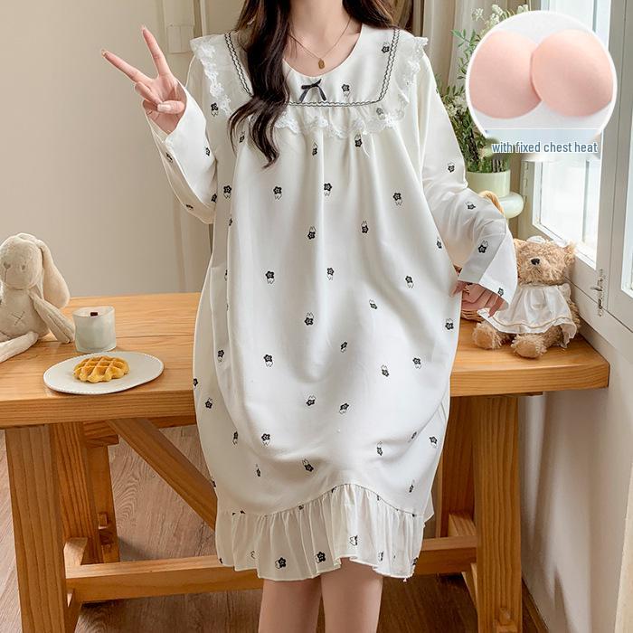 Spring & Autumn Lace Long Sleeve Cotton Nightgown with Fixed Chest Pad