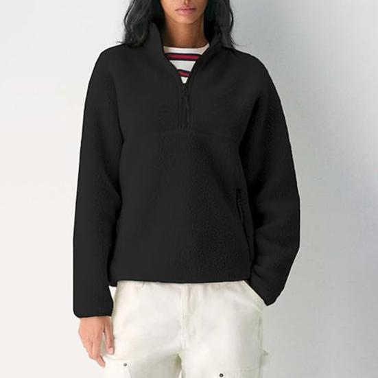 Women's Half Zip Pullover Fleece Jacket Long Sleeve Stand Collar Sherpa Sweatshirt with Pockets Fall Fuzzy Warm Outerwear
