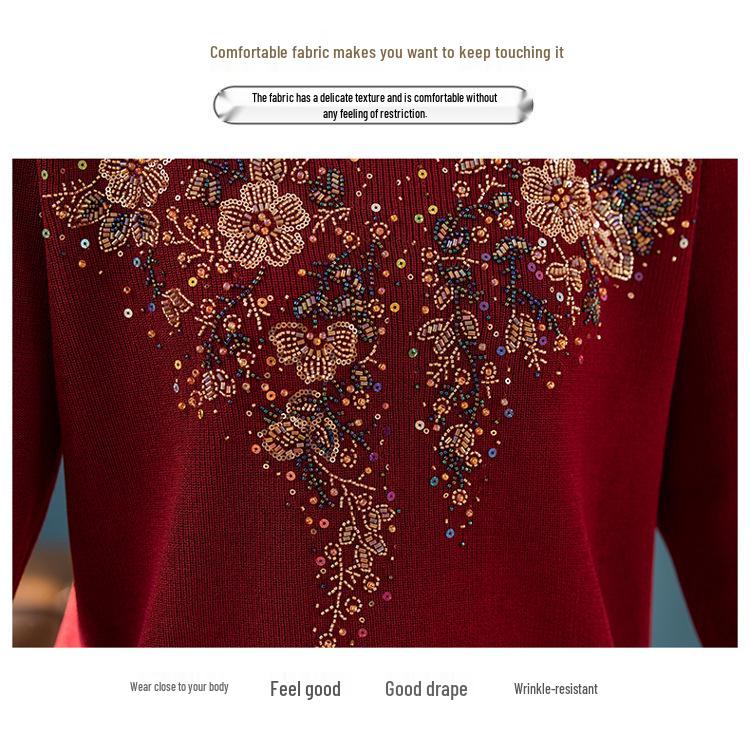 Happy Mother-in-law V-neck Red Knitwear with Handmade Sequin Embroidery - Slimming and Age-Reducing Top for Spring and Autumn