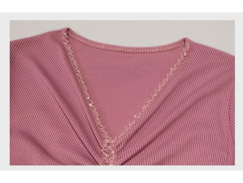 Damen Europäischer Stil Perlen V-Ausschnitt Mesh T-Shirt - Kurzarm, Vielseitig, Modische Sommerbluse