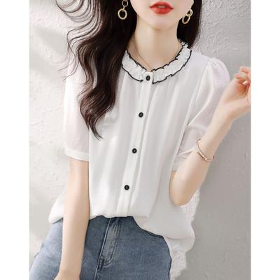 Summer Fashion Color Block Single-breasted Blouse Women Classic Short Sleeve O-collar All-match Office Casual Lady Shirt