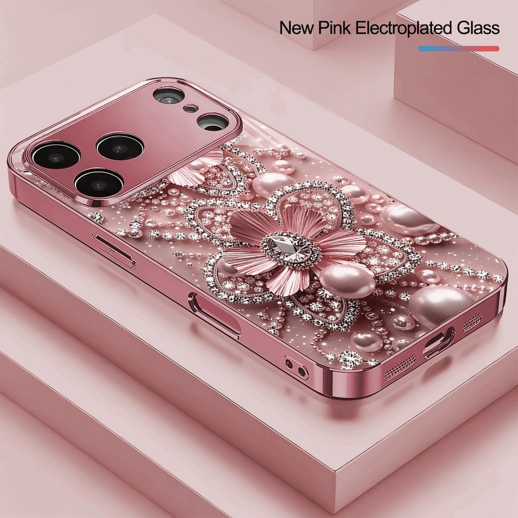 Glam Rose Gold Floral phone case for iphone 17 pro max cover Built-in glass for iPhone 17 16 15 14 13 12 pm Pro Plus