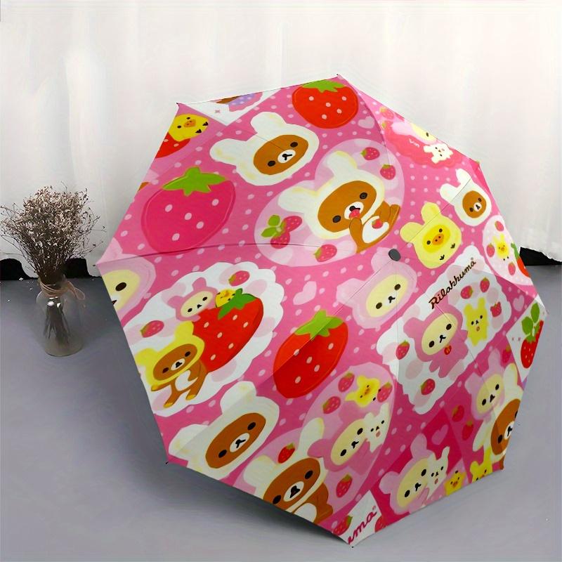 Rilakkuma,Strawberry Automatic Folding Umbrella Simple 8 Rib Design, Bright Cartoon Pattern, Durable Iron Frame, Suitable For Travel, Outdoo