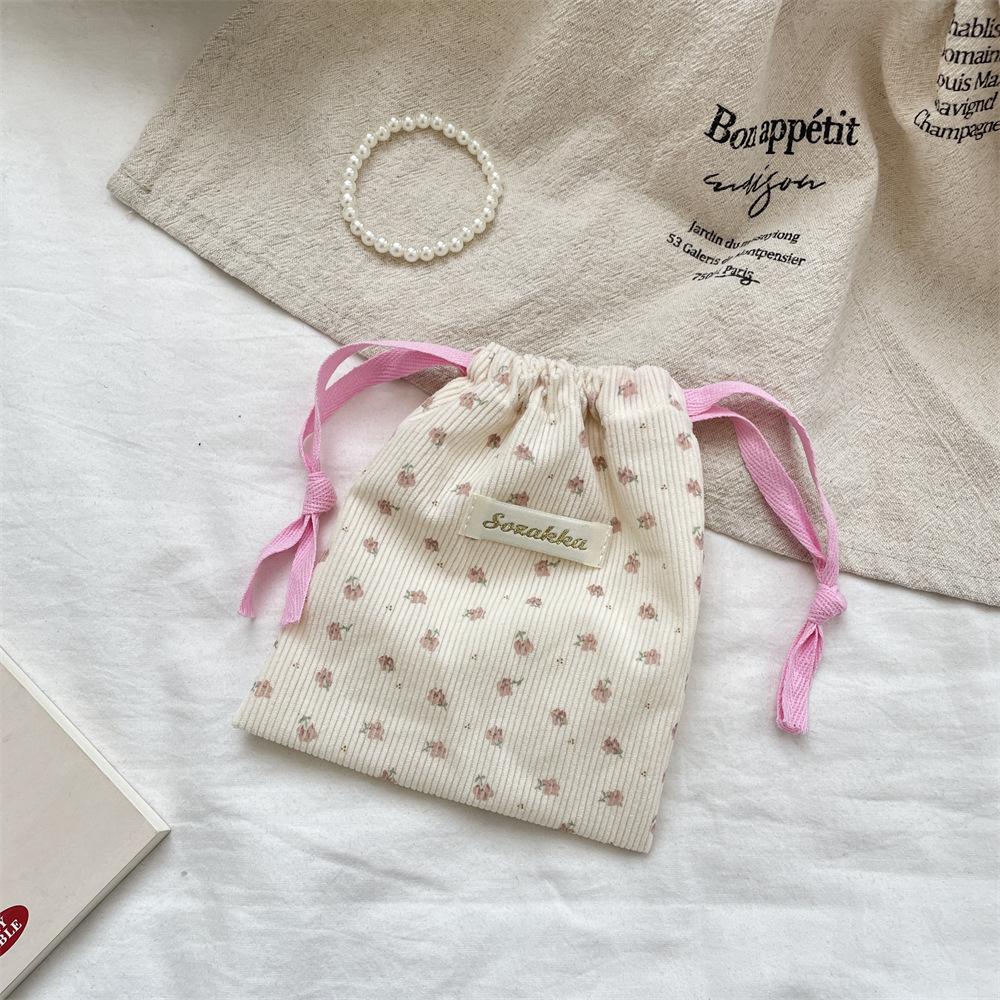 New Corduroy Floral Drawstring Bag Women Cosmetic Bag Handbag Key Headphone Organizer Portable Jewelry Dust Bag Drawstring Bags