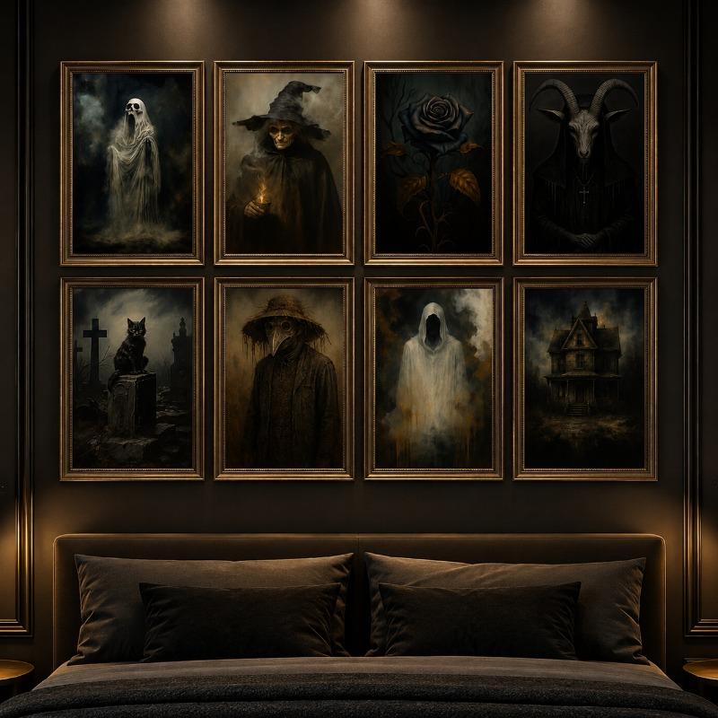 Dark Gothic Halloween Canvas Gallery Wall Print Witch Ghost Doctor Goat Skull Wall Art Vintage Moody Spooky Home Decor Gift