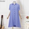 ZANZEA Women Casual Adjustable Long Sleeve Loose Lapel Collar Stripe Shirt Dress