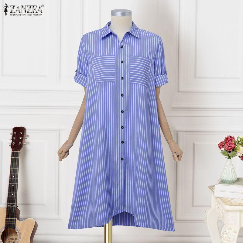 ZANZEA Women Casual Adjustable Long Sleeve Loose Lapel Collar Stripe Shirt Dress