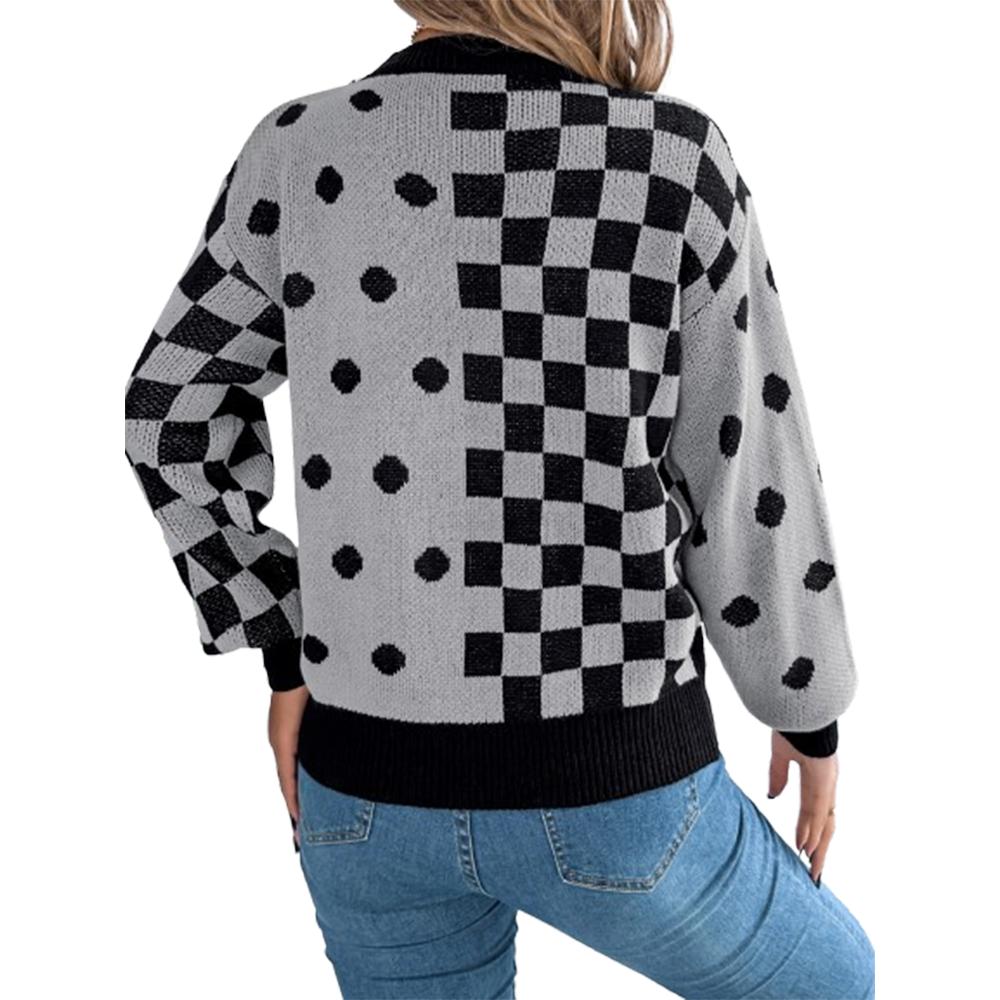 Womens Knitted Sweater Crew Neck Long Sleeve Sweatershirt Loose Dot Checkered Pullover Jumpers