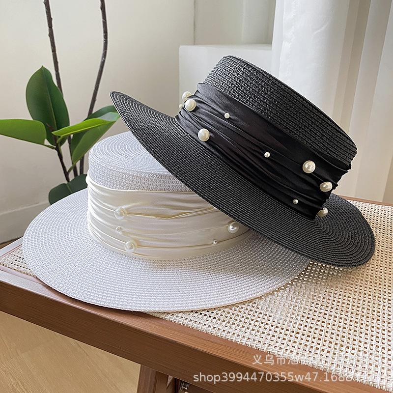 Sporadic pearl sweet small fresh flat top straw hat fashion top hat children spring and summer sun protection straw visor tide