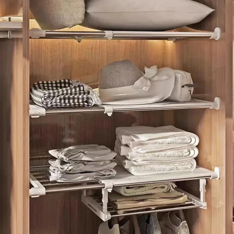 Extendable Closet Shelf Adjustable Storage Rack Closet DIY Wardrobe Divider for Cabinet Tool Tension Rod Storage Organizer Shelf
