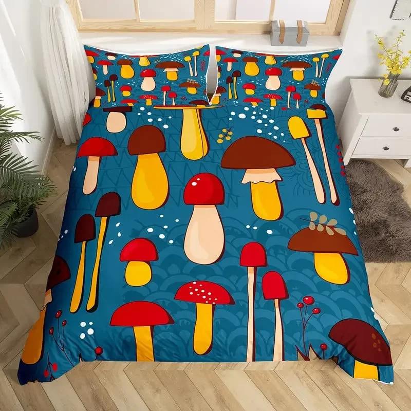 Cute Mushroom Duvet Cover Set Microfiber Hippie Theme Exotic Plant Mushrooms Bedding Set Kawaii Fungus Comforter Cover Twin King