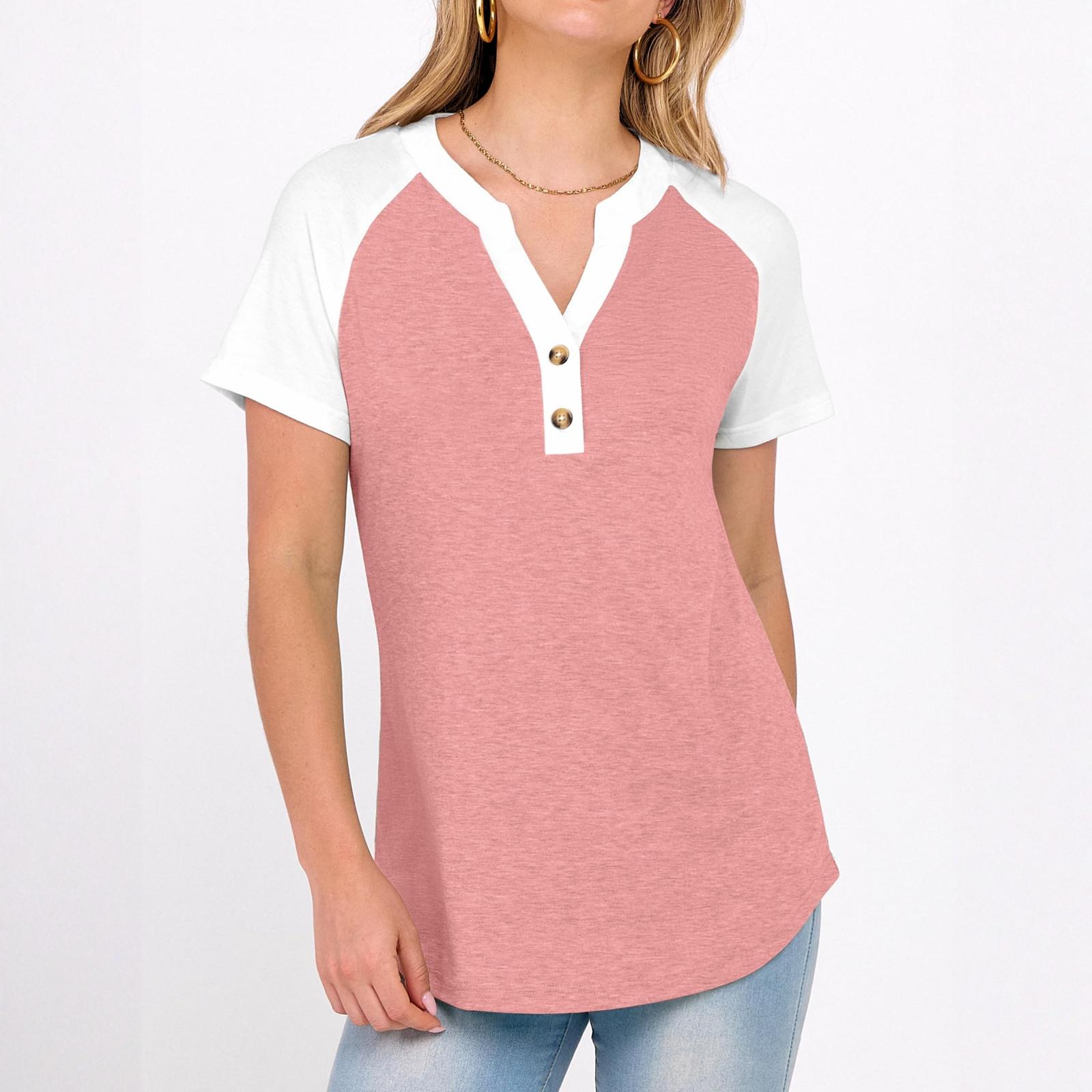 

Женские топы с коротким рукавом, летние футболки-туники с V-образным вырезом и цветными блоками, повседневные блузки, модная рабочая одежда XL розовый