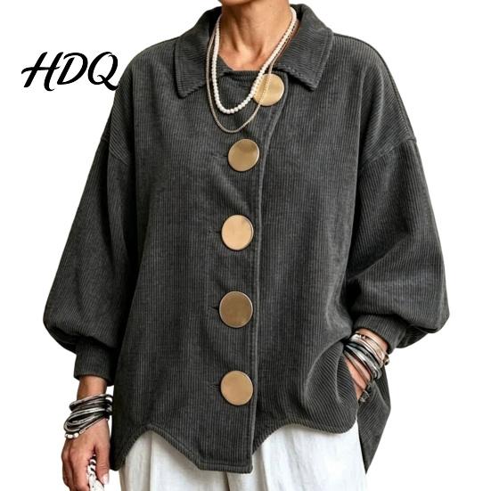 Laternenärmel Mantel Damen Cordjacke mit großen Metallknöpfen Lässig Damen für Herbst Winter Lockere Passform Oversized Kragen Oberbekleidung Knopfleiste