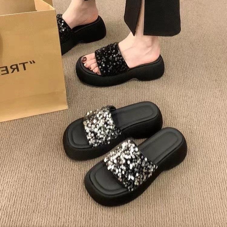 Slippers outer wear women's summer platform sandals half slippers women's sequins muffin bottom one word cool slippers comfortable and versatile