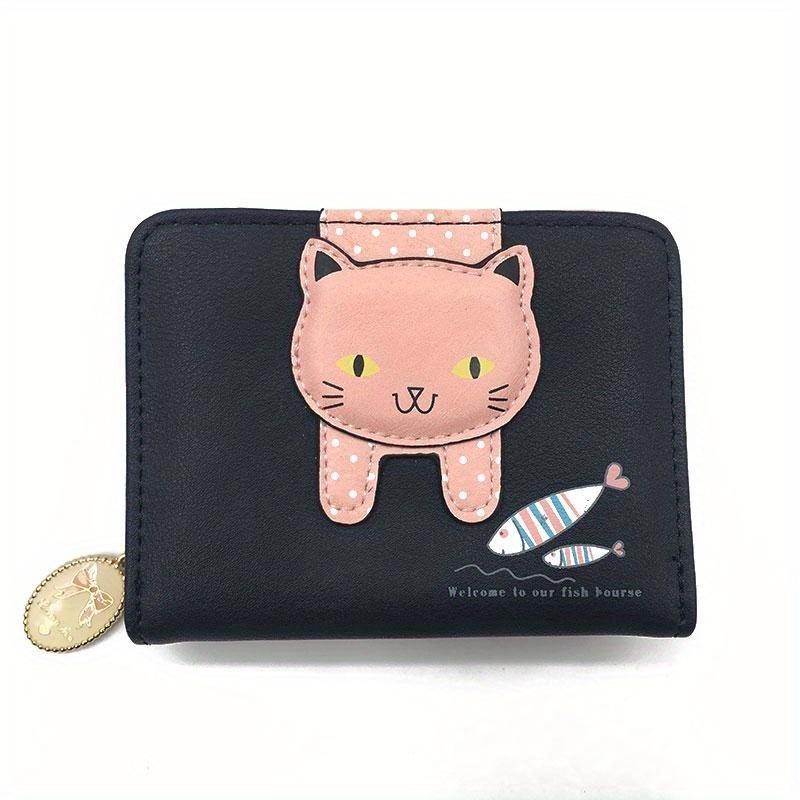 Adorable Cartoon Cat Design Women's Short Wallet with Zipper for Coins and Cards.